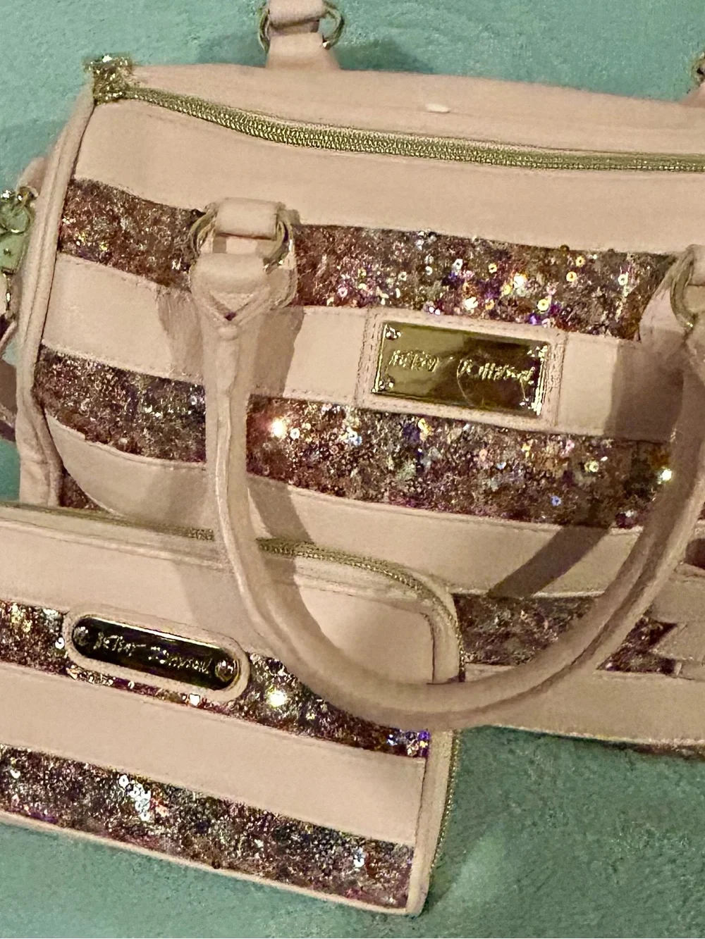 RARE! 2011 Betsey Johnson Blush Pink Sequin Stripe Satchel with Matching Wallet